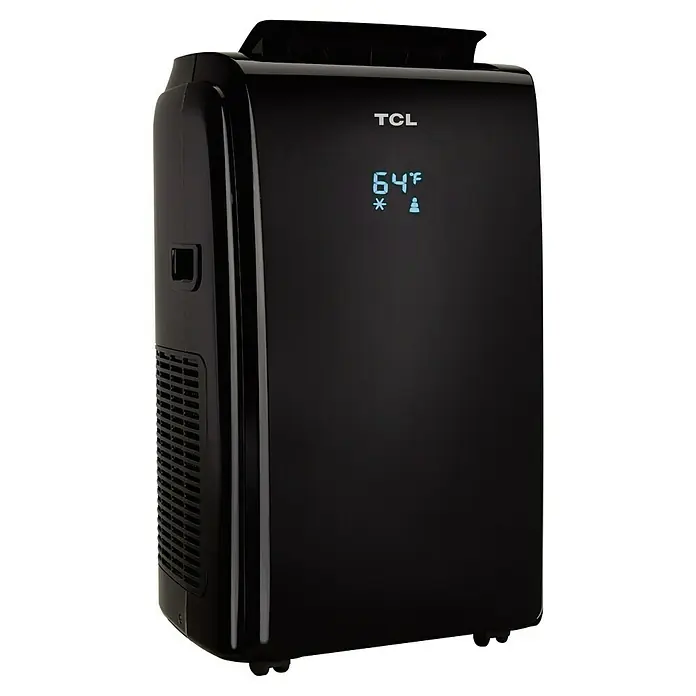 TCL Mobiles Klimagerät Kühlen/Heizen TAC-12CHPB/KB - 3.200 W, Raumgröße: 35 m², Schwarz - Schwarze TCL tragbare Klimaanlage mit digitaler Anzeige und Lüftungsgitter an der Seite.