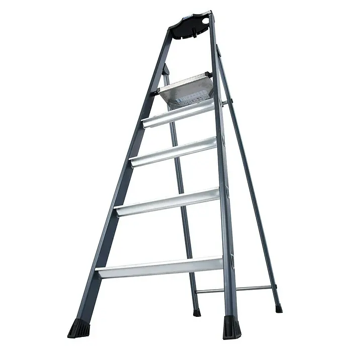 Krause Monto Stehleiter SePro S - Anzahl Tritte: 5 Stk., Arbeitshöhe: 3,05 m, Aluminium - Eine graue Leiter mit fünf Stufen und einer Plattform oben, ideal für Arbeiten in der Höhe.