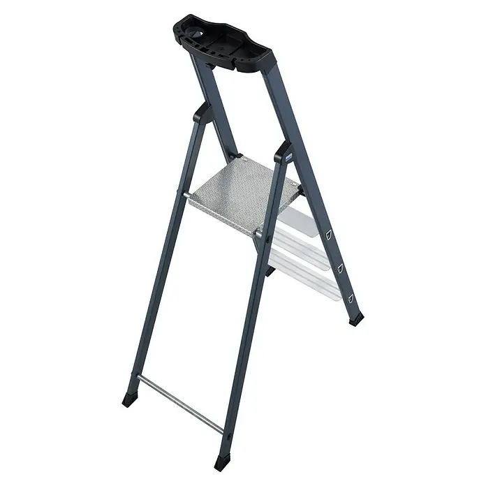 Krause Monto Stehleiter SePro S - Anzahl Tritte: 4 Stk., Arbeitshöhe: 2,85 m, Aluminium - Bild einer grauen Trittleiter mit zwei Stufen und einer Ablagefläche oben, ideal für den Haushalt.