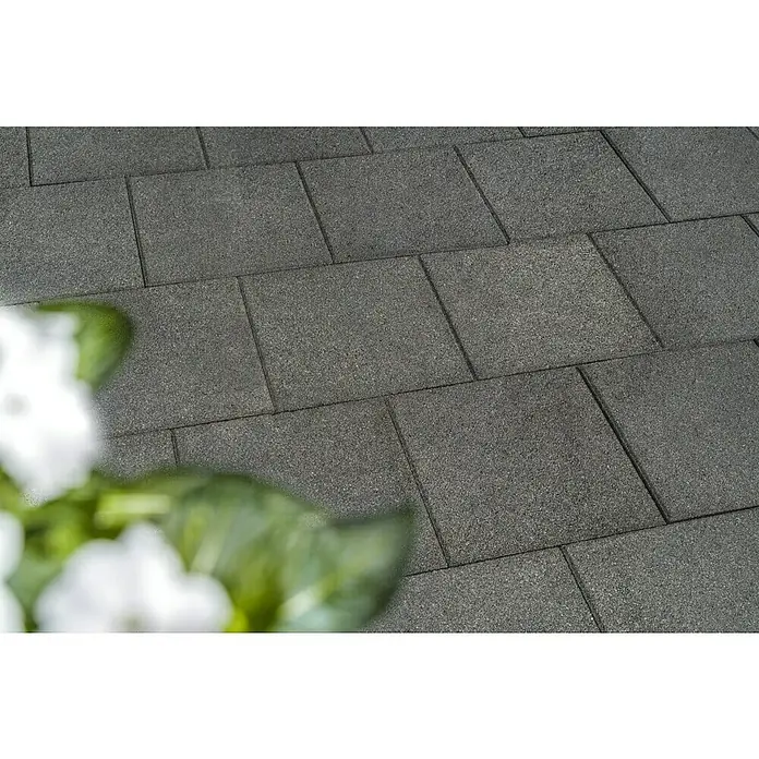 Diephaus Gehwegplatte - 30 x 30 x 4 cm, Anthrazit, Beton - Graue Pflastersteine schaffen eine moderne und stilvolle Außenfläche, während die weißen Blumen einen natürlichen Akzent setzen.