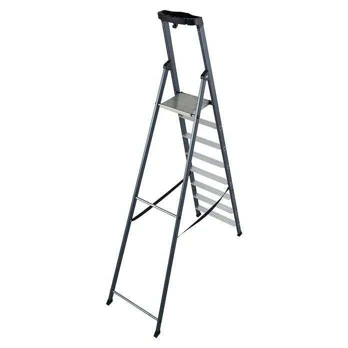 Krause Monto Stehleiter SePro S - Anzahl Tritte: 8 Stk., Arbeitshöhe: 3,7 m, Aluminium - Bild einer grauen Trittleiter. Die Trittleiter verfügt über eine rutschfeste Trittfläche und einen Sicherheitsbügel für mehr Stabilität beim Arbeiten.