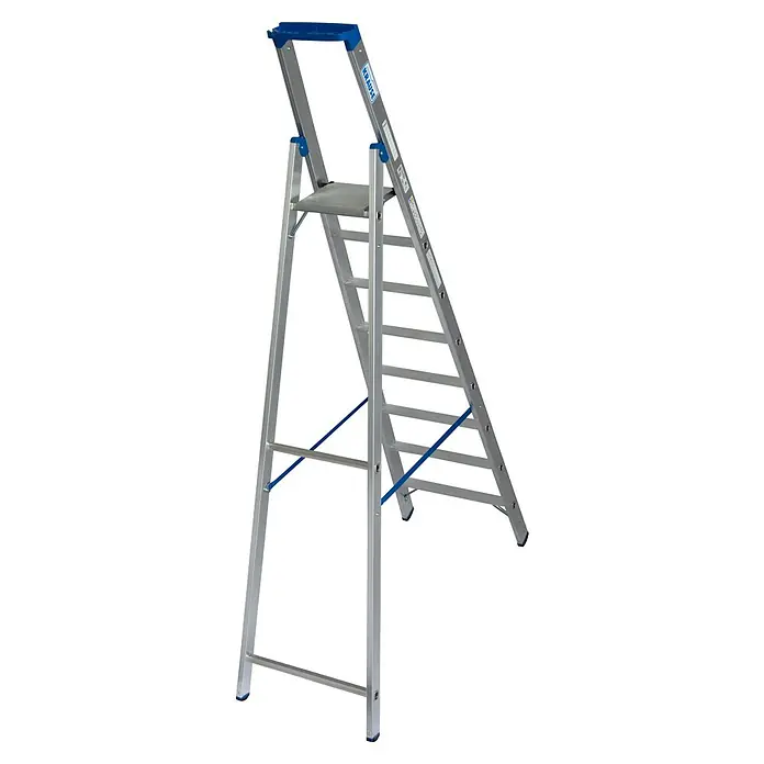 Krause Stehleiter - Arbeitshöhe: 3,9 m, Anzahl Tritte: 8 Stk., Belastbarkeit: 150 kg, Aluminium - Eine silberfarbene Krause Stufenleiter mit blauen Akzenten für den sicheren Einsatz im Innen- und Außenbereich. Perfekt für Arbeiten in der Höhe.