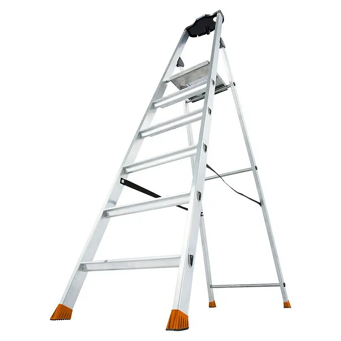 Krause Monto Stehleiter Solido - Anzahl Tritte: 6 Stk., Arbeitshöhe: 3,3 m, Aluminium - Silberne Trittleiter mit orangefarbenen Füßen. Eine praktische und stabile Leiter für den Heimgebrauch.