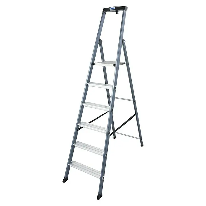 Krause Monto Stehleiter SePro S - Anzahl Tritte: 6 Stk., Arbeitshöhe: 3,3 m, Aluminium - Graue Krause-Stufenleiter mit breiten Stufen für sicheren Stand bei Arbeiten in der Höhe, ideal für Haushalt und Gewerbe.