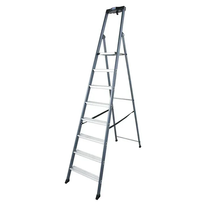 Krause Monto Stehleiter SePro S - Anzahl Tritte: 8 Stk., Arbeitshöhe: 3,7 m, Aluminium - Eine graue Klappleiter mit sieben Stufen. Sie ist perfekt für Heimwerker- und Bauprojekte. Das robuste Design sorgt für Sicherheit und Stabilität.