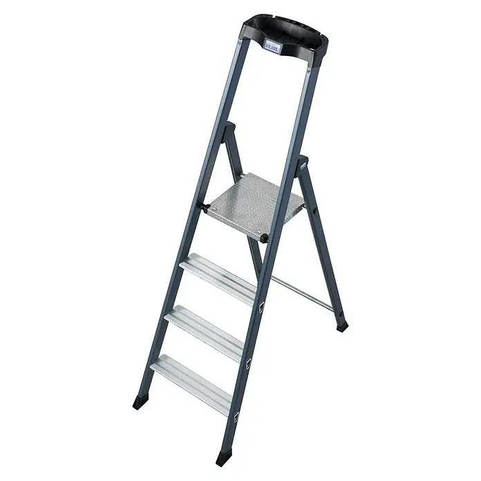 Krause Monto Stehleiter SePro S - Anzahl Tritte: 4 Stk., Arbeitshöhe: 2,85 m, Aluminium - Bild einer grauen KRAUS-Trittleiter mit vier Stufen und einem Griff oben, ideal für den Heimgebrauch und einfache Aufgaben.