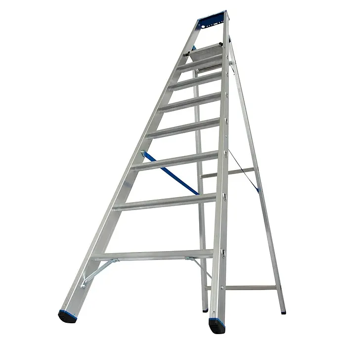 Krause Stehleiter - Arbeitshöhe: 3,9 m, Anzahl Tritte: 8 Stk., Belastbarkeit: 150 kg, Aluminium - Nahaufnahme einer Aluminium-Stufenleiter mit blauen Akzenten vor einem neutralen Hintergrund.