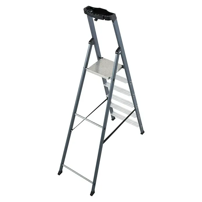 Krause Monto Stehleiter SePro S - Anzahl Tritte: 6 Stk., Arbeitshöhe: 3,3 m, Aluminium - Bild einer grauen Trittleiter mit vier Stufen und einer Ablagefläche oben. Ideal für den Haushalt oder kleinere Arbeiten.