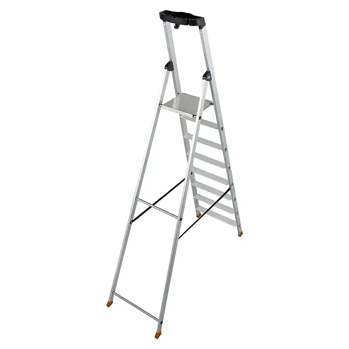 Krause Monto Stehleiter Solido - Anzahl Tritte: 8 Stk., Arbeitshöhe: 3,7 m, Aluminium - Eine silberne Trittleiter mit rutschfester Plattform und Sicherheitsbügel, ideal für Arbeiten im Haushalt und Gewerbe.