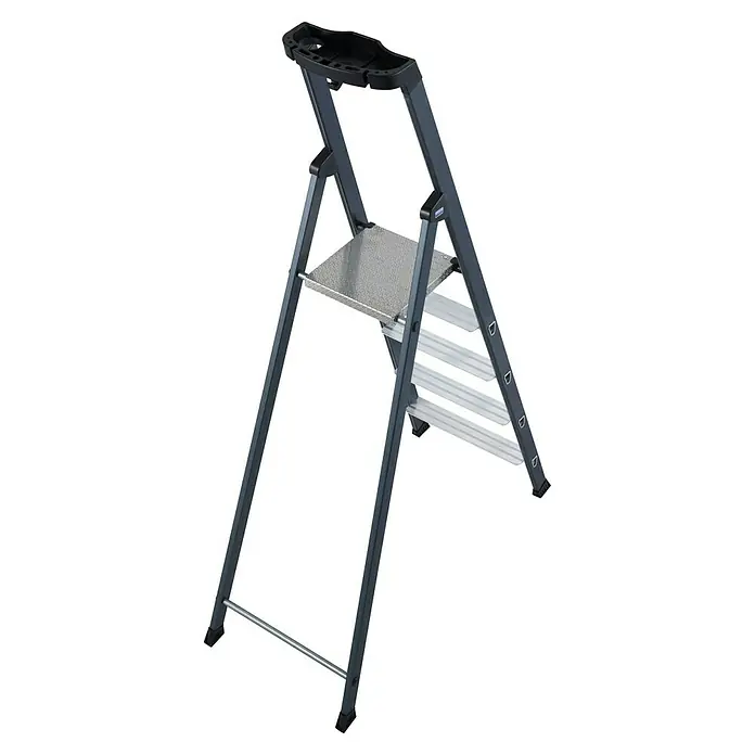 Krause Monto Stehleiter SePro S - Anzahl Tritte: 5 Stk., Arbeitshöhe: 3,05 m, Aluminium - Eine graue Trittleiter mit drei Stufen und einer Plattform, ideal für den Innenbereich und zum Erreichen höher gelegener Stellen.