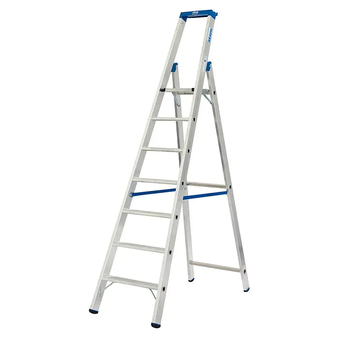 Krause Stabilo Stehleiter - Anzahl Tritte: 7 Stk., Arbeitshöhe: 3,65 m, Aluminium, Ablagefläche - Eine Aluminium-Doppelleiter von Krause, ideal für sichere Arbeiten in verschiedenen Höhen. Die blaue Details heben das Design hervor.