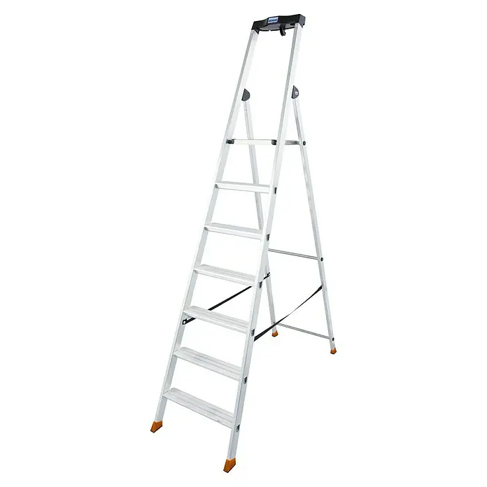 Krause Monto Stehleiter Solido - Anzahl Tritte: 7 Stk., Arbeitshöhe: 3,5 m, Aluminium - Bild einer silberfarbenen KRAUSE-Stufenleiter mit sieben Stufen und orangen Füßen, die für den sicheren Stand auf ebenem Untergrund sorgen.