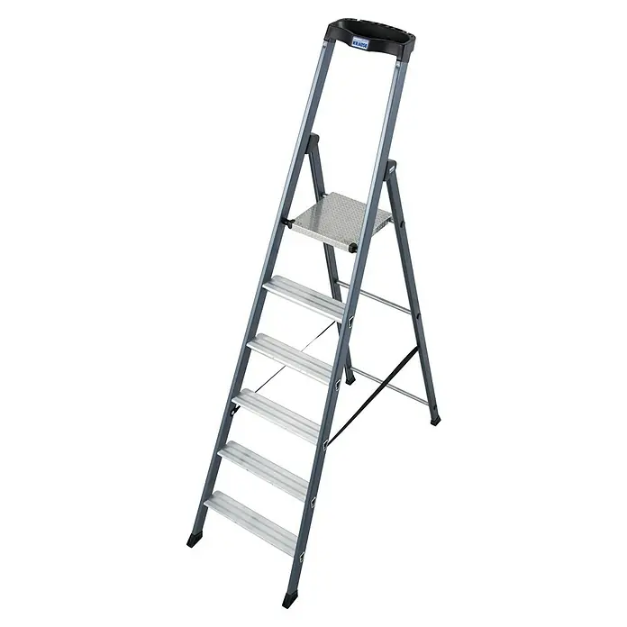 Krause Monto Stehleiter SePro S - Anzahl Tritte: 6 Stk., Arbeitshöhe: 3,3 m, Aluminium - Eine graue Krause-Trittleiter mit fünf Stufen und einer Plattform zum sicheren Stehen bei Arbeiten im Haushalt.