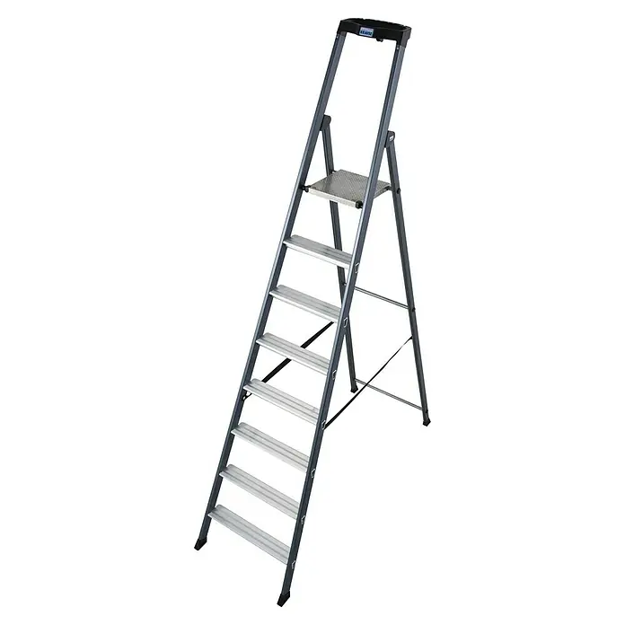 Krause Monto Stehleiter SePro S - Anzahl Tritte: 8 Stk., Arbeitshöhe: 3,7 m, Aluminium - Eine graue Krause-Trittleiter mit sieben Stufen und einer Plattform. Ideal für den Haushalt und kleinere Arbeiten. Robuste Bauweise.
