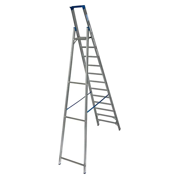 Krause Stabilo Stehleiter - Anzahl Tritte: 12 Stk., Arbeitshöhe: 4,8 m, Aluminium, Ablagefläche - Bild einer KRAUSE Doppelleiter aus Aluminium mit blauen Details, ideal für den professionellen und privaten Gebrauch.
