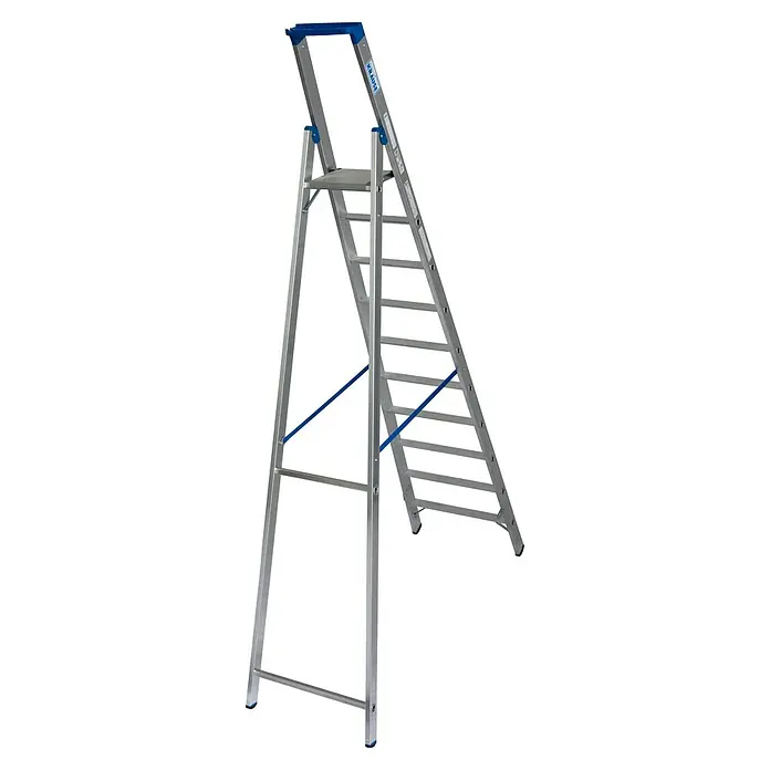 Krause Stehleiter - Arbeitshöhe: 4,35 m, Anzahl Tritte: 10 Stk., Belastbarkeit: 150 kg, Aluminium - Freistehende Krause Leiter mit Trittfläche und blauem Sicherheitsbügel für sichere Arbeiten in verschiedenen Höhen.