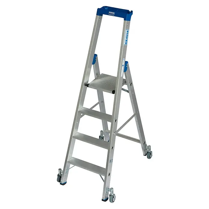 Krause Stabilo Stehleiter Fahrbar - Anzahl Tritte: 4 Stk., Arbeitshöhe: 2,95 m, Aluminium - Bild einer KRAUSE Stufenleiter mit Rollen, ideal für den professionellen Einsatz, gefertigt aus leichtem Aluminium, für mehr Mobilität und Stabilität.