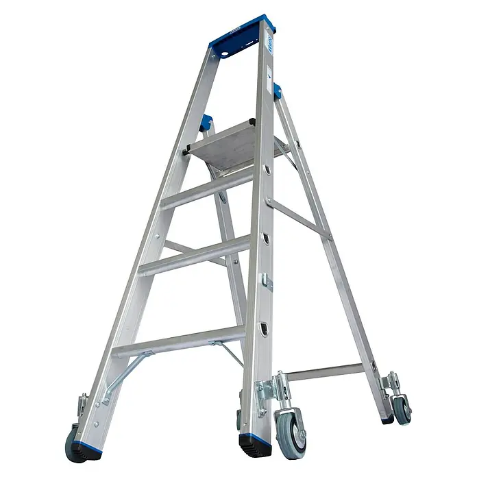 Krause Stabilo Stehleiter Fahrbar - Anzahl Tritte: 5 Stk., Arbeitshöhe: 3,2 m, Aluminium - Silberne Arbeitsbühne mit integrierten Rädern für einfachen Transport und sicheres Arbeiten in der Höhe.