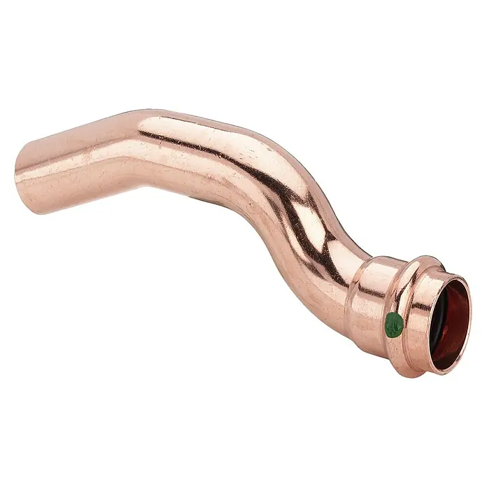 Viega Profipress Kupfer-Press-Überspringbogen I/A - Durchmesser: 22 mm, Presskontur: V - Nahaufnahme eines Kupferbogens mit Pressfitting, der für Sanitärinstallationen und Heizungssysteme verwendet wird.