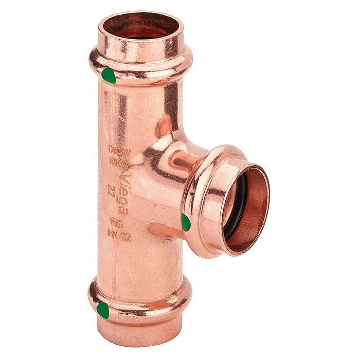 Viega Profipress Press-T-Stück - Durchmesser: 28 mm, 28 x 18 x 28 mm, Presskontur: V - Kupfer-T-Stück Verbinder mit grünen Markierungen, geeignet für professionelle Installationen im Sanitärbereich, ideal für Heizungs- und Trinkwasserinstallationen.