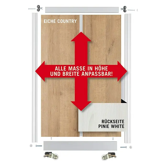 Room Plaza Easy Schiebetür-Bau-Set - Eiche Country/Pinie White, Farbe Beschlag: Silber - Produktdarstellung: Schiebetür mit „Eiche Country“- und „Pinie White“-Dekor, anpassbare Größe.