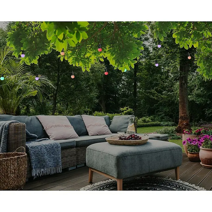 Globo Guirnalda LED para fiestas - 0,54 W, 12,5 m, Multicolor, IP44 - Relájate al aire libre con estas luces de cadena coloridas, creando un ambiente acogedor. Perfecto para fiestas en el jardín o noches tranquilas.