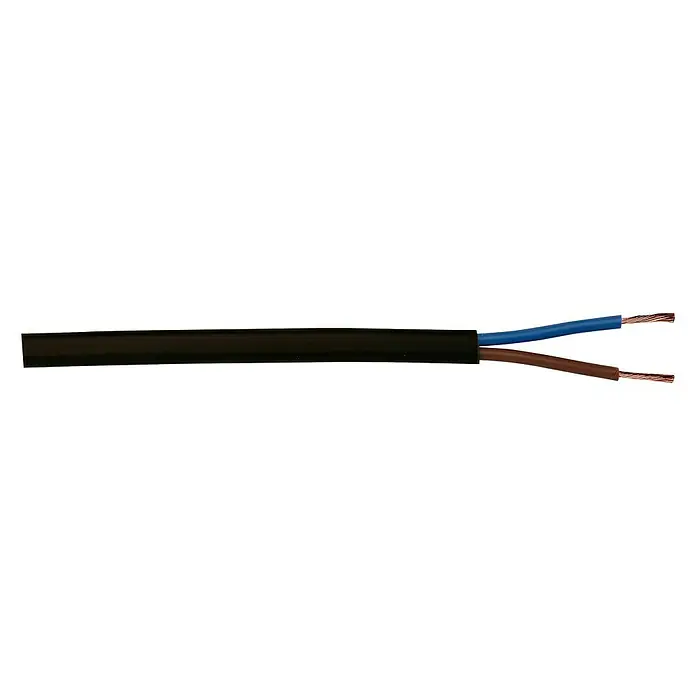 Schlauchleitung H03VVH2-F 2x0,75 mm² - H03VVH2-F, Anzahl Adern: 2, 0,75 mm², 5 m, Schwarz - Ein zweiadriges Stromkabel mit blauer und brauner Isolierung und freiliegenden Kupferdrähten.