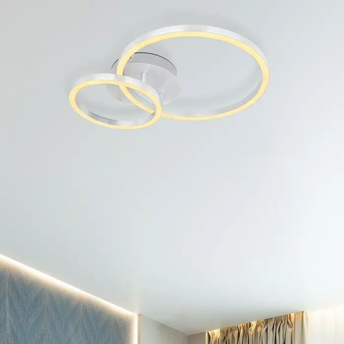 Globo LED-Deckenleuchte REGGY - 18 W, L x B x H: 42 x 30 x 7,5 cm, Silber, Warmweiß - Moderne LED-Deckenleuchte mit zwei ineinandergreifenden weißen Ringen und warmer Beleuchtung, die ein stilvolles Ambiente schafft.
