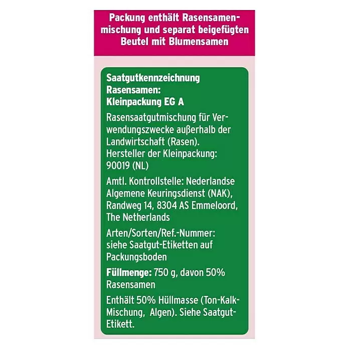 Substral Blumensamen Die Blumenwiese - 30 m² - Produktetikett für Rasen- und Blumensamen mit detaillierten Angaben zu Herkunft, Menge und Zusammensetzung.