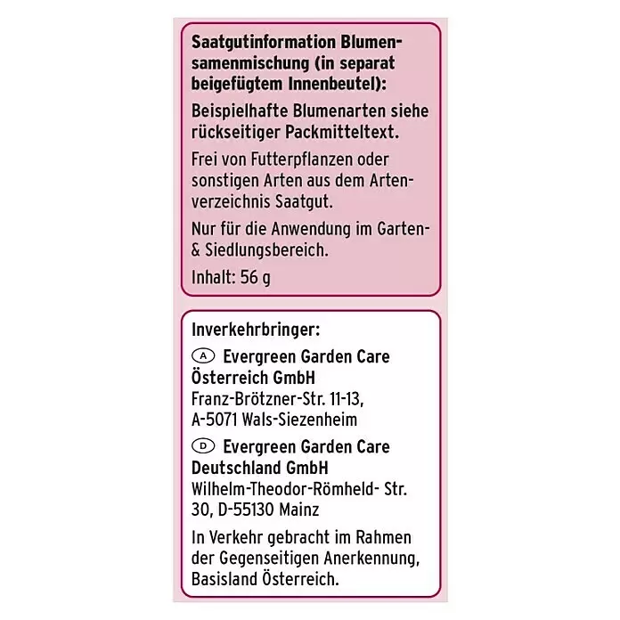 Substral Blumensamen Die Blumenwiese - 30 m² - Informationen zu Blumensamenmischung, Inhalt (56g), Anwendungsbereich und Händlerdetails für Österreich und Deutschland in zwei rosa Textfeldern.