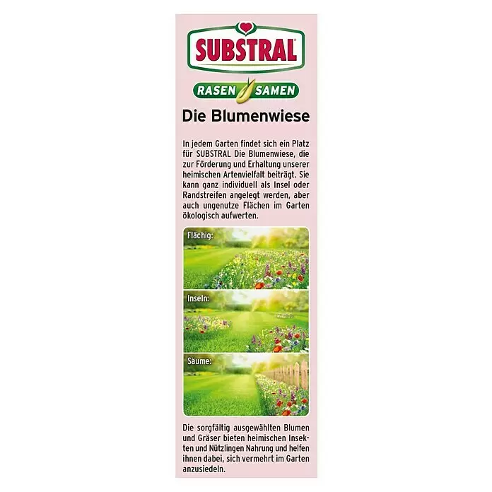 Substral Blumensamen Die Blumenwiese - 30 m² - SUBSTRAL Blumenwiese Samen Werbung, mit Produktname, Beschreibung und drei Anwendungsbeispielen: flächig, als Inseln und als Säume.