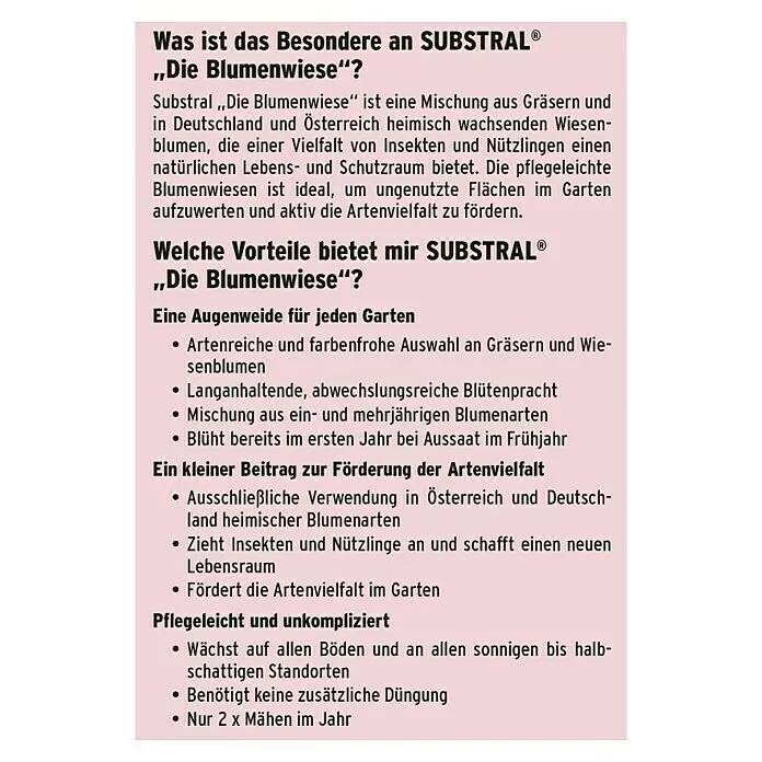 Substral Blumensamen Die Blumenwiese - 30 m² - Text über SUBSTRAL 'Die Blumenwiese', eine Samenmischung für eine artenreiche und pflegeleichte Blumenwiese.