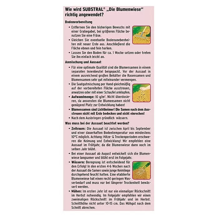 Substral Blumensamen Die Blumenwiese - 30 m² - Anleitung für SUBSTRAL® „Die Blumenwiese“: Bodenvorbereitung, Aussaat und Bewässerung einer Wildblumenwiese.