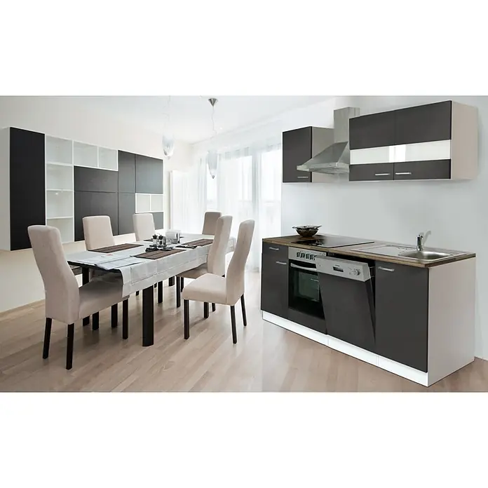 Respekta Cocina compacta Malia - Ancho: 220 cm, Gris, Decoración encimera: Efecto madera, Volumen horno: 72 l - Cocina y comedor modernos con armarios gris oscuro y blancos, detalles de madera clara y mesa de comedor con sillas beige.