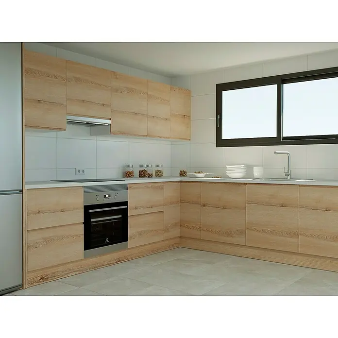 Top Támesis Frontal mueble cocina - An x Al: 59,7 x 17,3 cm, Roble decapado, 2 ud. - Cocina de madera clara con electrodomésticos modernos y mucho espacio de almacenamiento. La cocina ofrece una amplia superficie de trabajo y diseño minimalista.