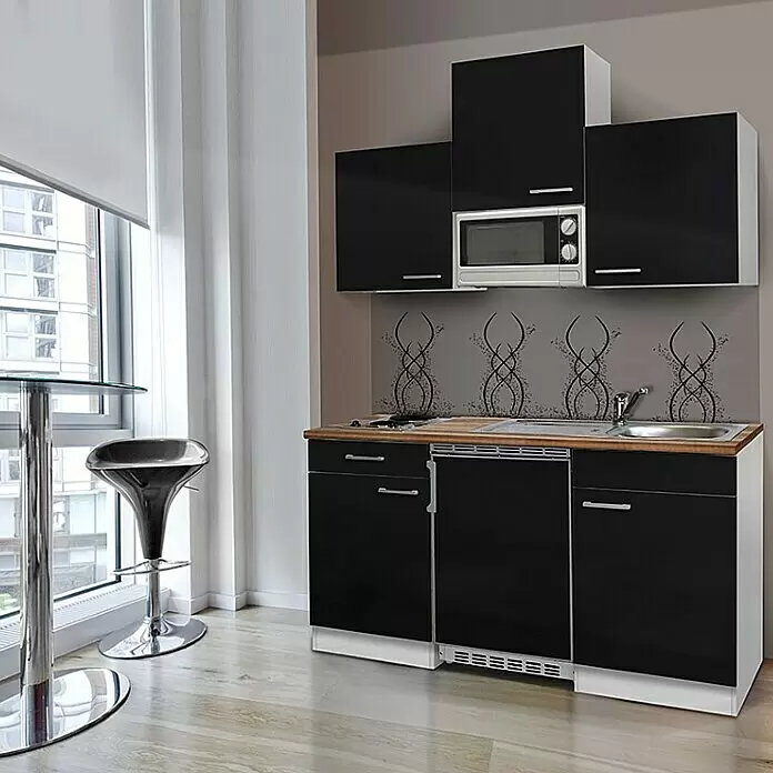 Respekta Cocina compacta Luis - Ancho: 150 cm, Negro, Con placa de cocina doble, Microondas, Color de la encimera: Nogal - Cocina compacta blanca y negra con encimera efecto madera, microondas, placa, fregadero y nevera integrados, en un apartamento moderno.