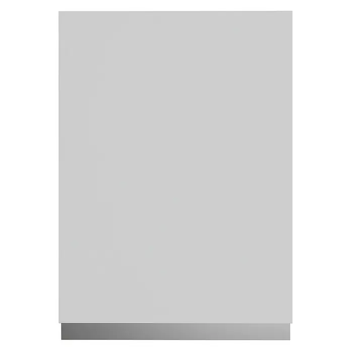 Top Altamira Puerta para mueble de cocina alto abatible - An x Al: 89,7 x 34,8 cm, Blanco mate - Vista frontal de un lavavajillas blanco con una base elegante de color plateado, destacando un diseño de cocina limpio y minimalista.