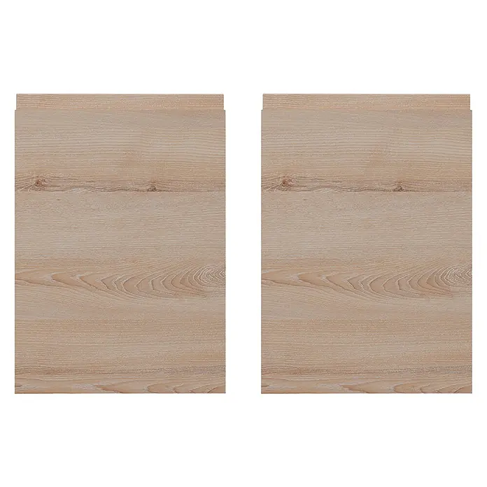 Top Támesis Frontal mueble cocina - An x Al: 59,7 x 17,3 cm, Roble decapado, 2 ud. - Dos piezas de chapa de madera con un color marrón claro y patrones de grano prominentes, que muestran una textura cálida y natural.