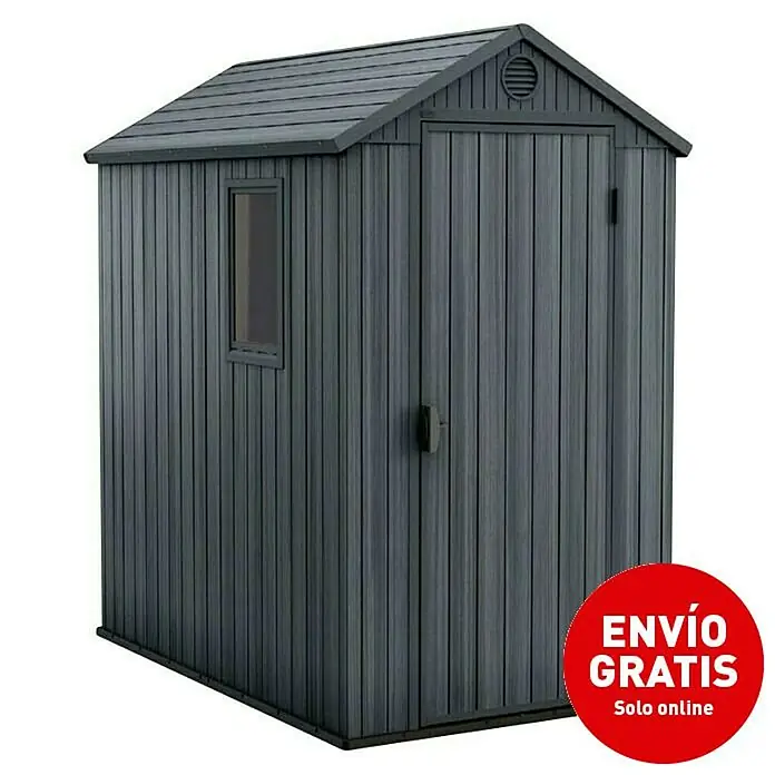 Keter Caseta de jardín Darwin 4x6 - Medidas ext. (An x Pr): 125,8 x 184,5 cm, Plástico, Gris, 2,3 m² - Imagen de un cobertizo de jardín gris con puerta y ventana, ideal para guardar herramientas.