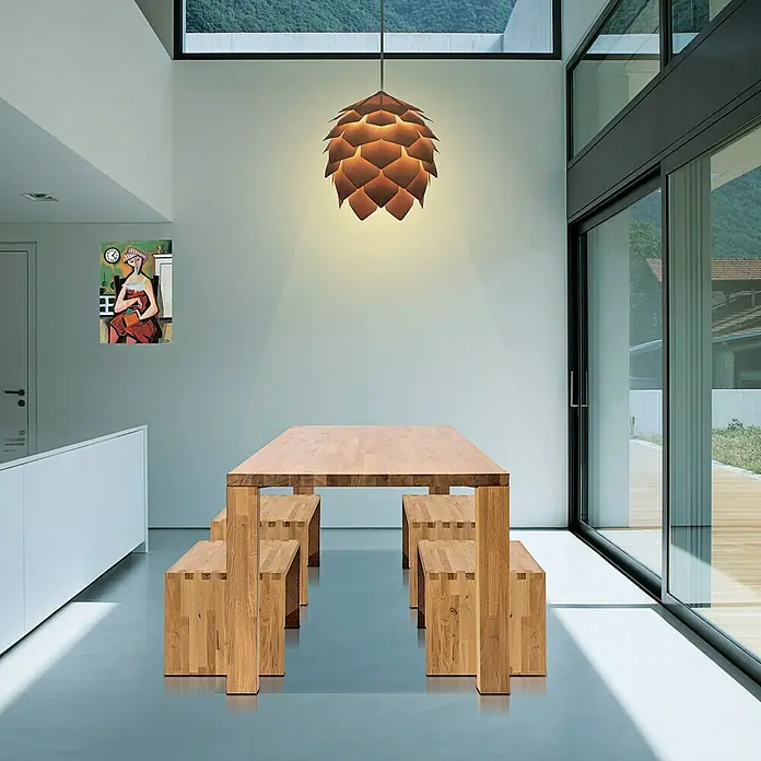 Exclusivholz Aspen Tischplatte - Eiche, 100 x 70 x 3,2 cm - Das moderne Esszimmer mit dem Holztisch und der dekorativen Hängelampe bietet eine stilvolle Atmosphäre.