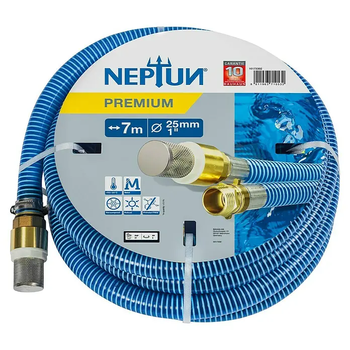 Neptun Saugschlauchgarnitur - 7 m - Abgebildet ist ein blauer Neptun Premium-Saugschlauch mit einer Länge von 7 Metern und einem Durchmesser von 25 mm.