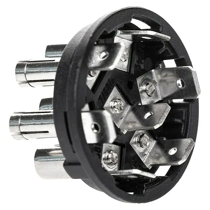 Stema Kupplungsstecker - 7-polig - Nahaufnahme eines schwarzen Rundsteckverbinders mit Metallstiften. Perfekt für elektronische Anwendungen und sichere Verbindungen.