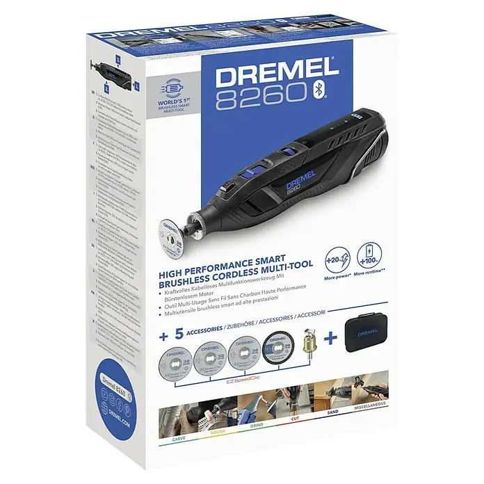 Dremel Akku-Rotationswerkzeug 8260-5 - 12 V, 1 Akku, 3 Ah, Leerlaufdrehzahl: 5.000 U/min - 30.000 U/min - Produktverpackung Dremel 8260: Leistungsstarkes, kabelloses Multifunktionswerkzeug mit Zubehör für präzise und vielseitige Anwendungen.