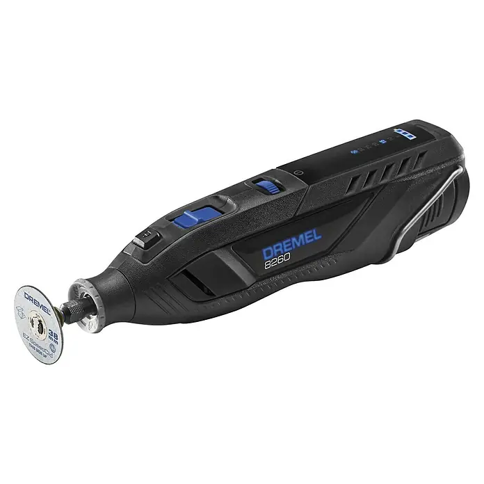 Dremel Akku-Rotationswerkzeug 8260-5 - 12 V, 1 Akku, 3 Ah, Leerlaufdrehzahl: 5.000 U/min - 30.000 U/min - Dremel 8260 Akku-Rotationswerkzeug mit Trennscheibe. Ein vielseitiges Werkzeug für Heimwerker- und Handwerksprojekte.