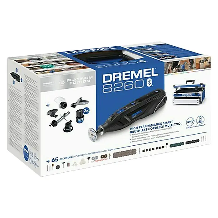 Dremel Akku-Rotationswerkzeug Set 8260-5/65 - 12 V, 3 Ah, Leerlaufdrehzahl: 5.000 U/min - 30.000 U/min - Die Dremel 8260 Platinum Edition: Ein leistungsstarkes, kabelloses Multi-Tool für präzises und intelligentes Arbeiten mit viel Zubehör.