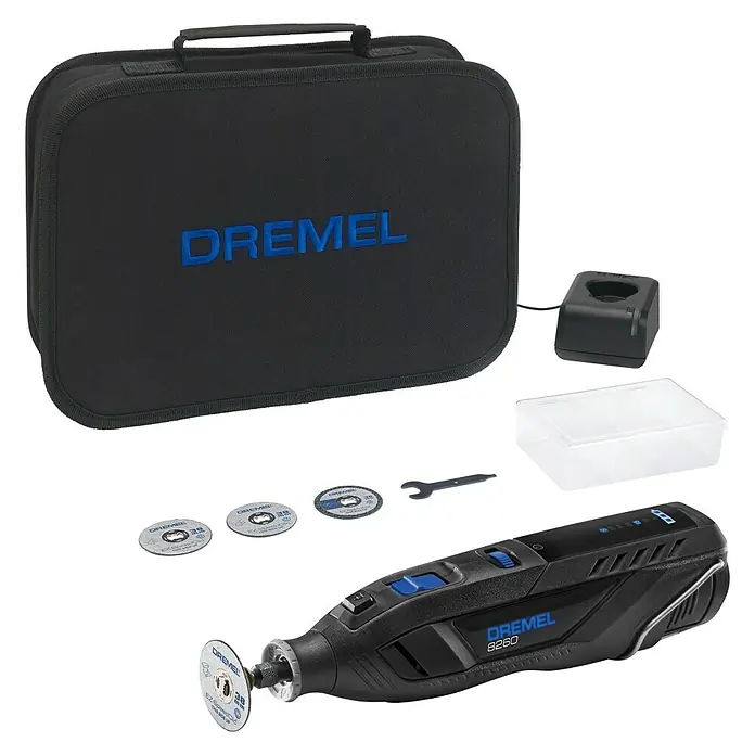Dremel Akku-Rotationswerkzeug 8260-5 - 12 V, 1 Akku, 3 Ah, Leerlaufdrehzahl: 5.000 U/min - 30.000 U/min - Dremel 8260 Akku-Rotationswerkzeug-Set mit Zubehör, Ladegerät und Aufbewahrungskoffer für Bastel- und Heimwerkerprojekte.