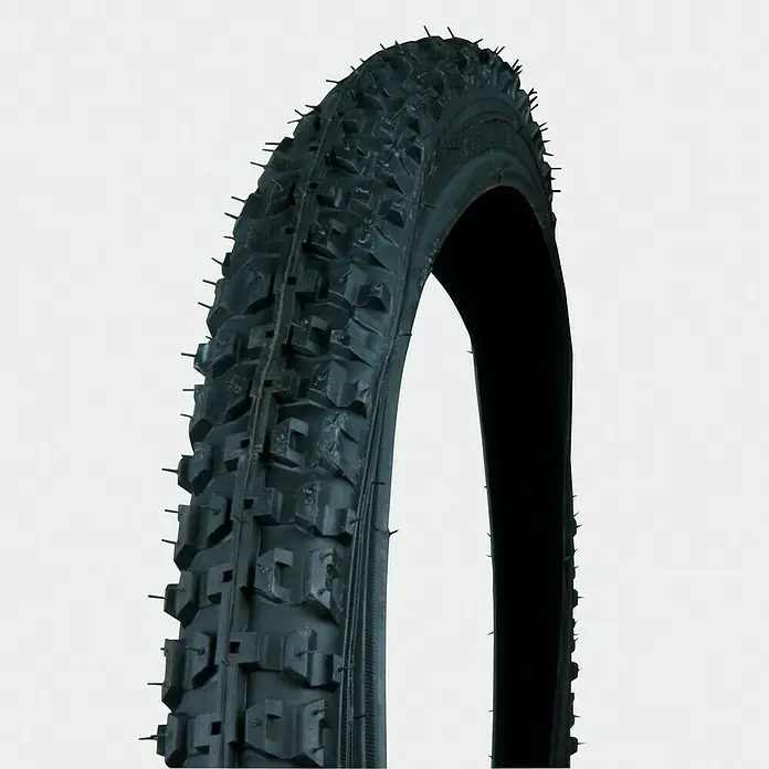 Fischer Fahrradreifen - Geeignet für: Mountainbike-Räder, 26 ", 1,95 " - Nahaufnahme eines schwarzen Fahrradreifens mit Stollenprofil vor einem neutralen Hintergrund.