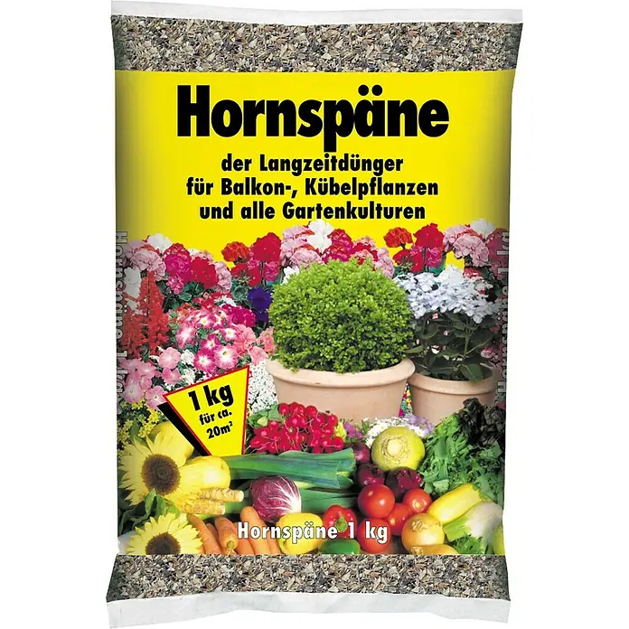 Hornprodukt - 1 kg, Max. Anwendungsfläche: 20 m² - Hornspäne Langzeitdünger: Ideal für Balkon-, Kübelpflanzen und Gartenkulturen. 1 kg Packung für ca. 20m².