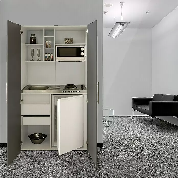 Respekta Cocina en armario Peter - Ancho: 104 cm, Gris, Placa de cocina doble y microondas - Cocina compacta en armario gris con fregadero, fogones, microondas y mininevera integrados, abierta.