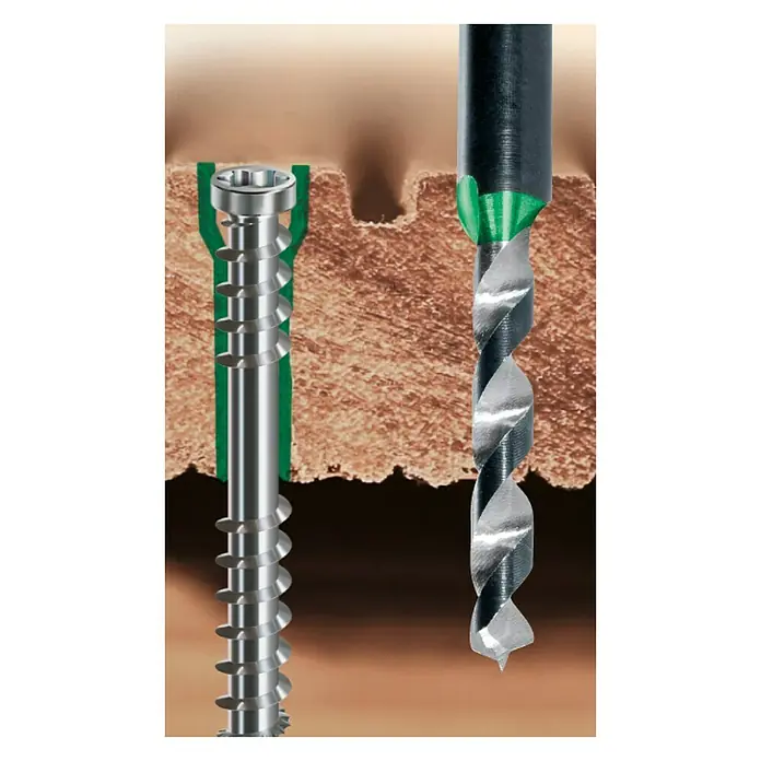 Spax Stufenbohrer - Durchmesser: 4,1 mm, Hartmetall - Nahaufnahme einer Schraube und eines Bohrers, die die Werkzeuge für Holzbearbeitungsprojekte hervorheben.